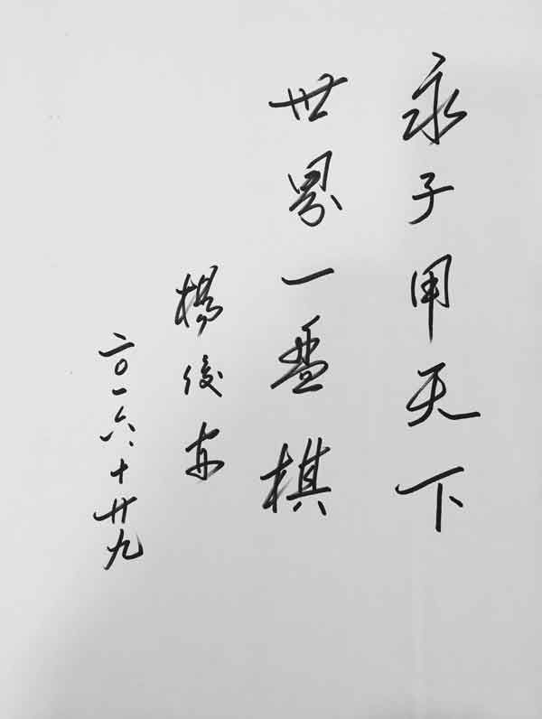 2016年10月29日，中國棋院書記楊俊安題寫：“永子甲天下，世界一盤棋”